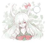  bow breasts collarbone commentary_request dress ex-keine full_moon green_dress horn_ribbon horns hoshibuchi kamishirasawa_keine large_breasts long_hair looking_to_the_side moon one_eye_closed red_eyes ribbon smile solo touhou upper_body white_hair 