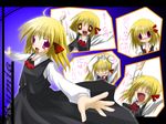  1girl bandaid black_skirt blonde_hair blush_stickers character_name closed_eyes fang hair_ribbon izumi_yukiru long_sleeves looking_at_viewer multiple_views open_mouth outstretched_arms red_eyes red_ribbon ribbon rumia short_hair skirt skirt_set smile tears touhou translation_request vest 