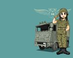  artist_request azumanga_daiou bird black_eyes boots emblem gloves ground_vehicle isuzu_skw_type_73 japan_ground_self-defense_force japan_self-defense_force jgsdf_(camo) kasuga_ayumu military military_uniform military_vehicle motor_vehicle owl salute solo truck uniform wallpaper 