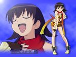  artist_request azumanga_daiou bikini_top black_eyes black_hair bow closed_eyes cosplay detached_sleeves final_fantasy final_fantasy_x final_fantasy_x-2 fingerless_gloves flipped_hair gloves knife open_mouth parody portmanteau rikku rikku_(cosplay) scarf short_shorts shorts solo takino_tomo trait_connection wallpaper zoom_layer 