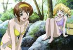  absurdres arisaka_kazuki arm_support bangs barefoot basket bikini blue_eyes breasts brown_eyes brown_hair bursting_breasts cleavage day drill_hair feet forest front-tie_bikini front-tie_top hair_bobbles hair_ornament hairband happy highres isokawa_nina knees_up large_breasts leaning_forward magazine_scan megami moss multiple_girls nature non-web_source ochi_shinji official_art open_mouth oppai_loli outdoors picnic_basket purple_bikini rock scan shadow short_hair side-tie_bikini sidelocks sitting smile string_bikini swimsuit tona-gura! tree twin_drills yellow_bikini 