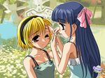  bandaid blonde_hair blue_hair bow dress furude_rika hair_bow hairband highres higurashi_no_naku_koro_ni houjou_satoko long_hair mizuki_yurine multiple_girls pink_bow short_hair sundress 