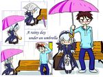  1girl :&lt; artist_request blue_hair blush brown_hair long_sleeves rain rozen_maiden sakurada_jun shared_umbrella suigintou umbrella |_| 