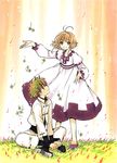  1boy 1girl absurdres brown_eyes brown_hair clamp dress eye_contact highres li_&quot;xiaolang&quot; looking_at_another outdoors short_hair tsubasa_chronicle 