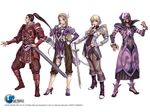  2girls armor arrow bow_(weapon) crescent crescent_(valkyrie_profile) dyn high_heels hood long_hair long_sleeves lydia_(valkyrie_profile) multiple_boys multiple_girls shoes shoulder_pads sword valkyrie_profile valkyrie_profile_2 weapon woltar yamashita_shun'ya 