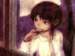  abe_yoshitoshi brown_eyes brown_hair hair_ornament hairclip iwakura_lain long_sleeves official_art serial_experiments_lain short_hair solo 