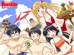  3boys bikini blonde_hair closed_eyes hanai_haruki harima_kenji kobayashi_jin multiple_boys multiple_girls sawachika_eri school_rumble striped striped_bikini swimsuit tankini tsukamoto_tenma twintails umbrella 