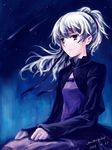  darker_than_black dress hair_ribbon highres meteor night pink_eyes ponytail purple_dress qianshuhao ribbon silver_hair sky solo star_(sky) starry_sky yin 