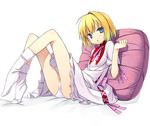  ahoge ass bare_legs bed blonde_hair blue_eyes dress eternal_melody feet flat_chest gradient_hair legs lemit_mariena lying multicolored_hair open_mouth panties pantyshot pantyshot_(lying) pillow poco_(asahi_age) ribbon short_hair simple_background socks solo underwear upskirt white_panties 