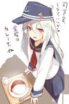  anchor_symbol black_legwear blue_eyes commentary_request cup curry curry_rice drinking_glass flat_cap food hat hibiki_(kantai_collection) kantai_collection long_hair long_sleeves looking_at_viewer meth_(emethmeth) neckerchief open_mouth pantyhose plate pleated_skirt rice school_uniform serafuku silver_hair skirt solo spoon translated tray white_hair 