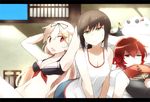  alternate_costume arms_behind_head arms_up bangs black_ribbon blonde_hair bow breasts brown_hair cleavage closed_mouth collarbone commentary_request eyebrows eyebrows_visible_through_hair failure_penguin fan front-tie_top frown fubuki_(kantai_collection) green_bow green_eyes hair_between_eyes hair_ornament hair_ribbon hairclip holding holding_fan hot indoors kantai_collection letterboxed long_hair low_ponytail lying medium_breasts miss_cloud multiple_girls mutsuki_(kantai_collection) navel on_back on_floor one_eye_closed open_mouth paper_fan red_bow red_eyes red_hair remodel_(kantai_collection) ribbon short_hair sleeveless small_breasts souji stomach sweatdrop translation_request uchiwa window yuudachi_(kantai_collection) 