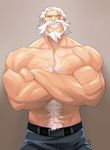  abs bare_shoulders beard belt biceps body_hair buckle chest_hair collarbone crossed_arms facial_hair fang gradient gradient_background grin looking_at_viewer male_focus manly muscle old_man one-eyed overwatch pants reinhardt_(overwatch) scar scar_across_eye shirtless smile solo teeth white_hair 