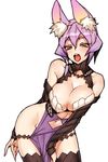  7th_dragon_(series) 7th_dragon_iii animal_ears black_legwear breasts cleavage detached_sleeves highres large_breasts navel no_panties okita_ababa open_mouth purple_hair rune_knight_(7th_dragon) short_hair simple_background solo teeth thighhighs white_background 