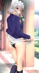  ass black_panties blush braid flat_ass highres izayoi_sakuya maid_headdress panties solo touhou twin_braids underwear yadokari_genpachirou 