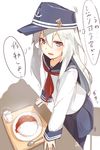  anchor_symbol black_legwear blue_eyes cup curry curry_rice drinking_glass flat_cap food hat hibiki_(kantai_collection) kantai_collection long_hair long_sleeves looking_at_viewer meth_(emethmeth) neckerchief open_mouth pantyhose plate pleated_skirt rice school_uniform serafuku silver_hair skirt solo spoon translated tray white_hair 