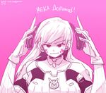  acronym animal_print bodysuit bracer bunny_print d.va_(overwatch) english facepaint facial_mark gloves headphones headphones_removed long_hair looking_at_viewer mangododo overwatch pauldrons pilot_suit pink_background removing_headwear ribbed_bodysuit shoulder_pads simple_background solo spot_color twitter_username upper_body whisker_markings 