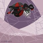  2016 anthro arachnid arthropod black_claws black_eyes black_fur claws english_text fangs ficus fur green_eyes grey_fur hair hi_res jumping jumping_spider male nude purple_background red_fur signature simple_background smile solo spider spiral_eyes text toe_claws upside_down video_games web white_hair 