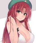  alternate_eye_color asa_(coco) beret bikini blush braid breasts cleavage eyes_visible_through_hair green_eyes green_hat grey_background hand_in_hair hat hong_meiling large_breasts long_hair looking_at_viewer red_hair smile solo star swimsuit touhou twin_braids two-tone_background upper_body very_long_hair wet white_background white_bikini 