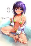  1girl bad_id bad_twitter_id bare_legs barefoot bikini blue_hair blush breasts dated from_above green_bikini hair_over_shoulder highres indian_style konbu_wakame medium_breasts navel off_shoulder original partially_submerged purple_eyes short_hair short_ponytail sitting solo speech_bubble spoken_ellipsis swimsuit twitter_username wet 