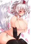  animal_ears arms_between_legs bare_shoulders black_gloves black_legwear blush bra breast_press breasts cleavage covered_nipples cowboy_shot elbow_gloves eyebrows from_side front-tie_top ginzake_(mizuumi) gloves hat heart huge_breasts inubashiri_momiji looking_at_viewer micro_bra nose_blush over-kneehighs plump pom_pom_(clothes) red_eyes short_hair sideboob silver_hair solo sweat tail thick_eyebrows thighhighs tokin_hat touhou translation_request underboob underwear v_arms white_bra wolf_ears wolf_tail 