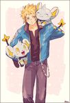  artist_name black_border blonde_hair blush border carrying closed_eyes cowlick denim denji_(pokemon) fangs gen_4_pokemon holding holding_pokemon jacket jeans looking_at_another male_focus noaki open_clothes open_jacket over_shoulder pants pokemon pokemon_(creature) pokemon_(game) pokemon_dppt shinx smile yellow_eyes 