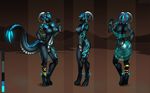  2015 anthro black_scales blue_fur blue_hair blue_nipples breasts cyan_eyes cyan_hair ear_piercing eliana-asato front_view fur glowing hair herm intersex jewelry model_sheet nipple_piercing nipples nude piercing scales seath sheet_(disambiguation) smile solo standing tattoo 