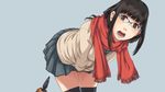 anal_tail between_legs black_hair blush brown_eyes butt_plug elk115 fake_tail glasses hand_between_legs highres long_hair looking_at_viewer open_mouth original scarf solo tail thighhighs 