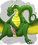  2016 animal_genitalia claws dragon english_text erection genital_slit green_eyes green_scales hi_res horn lykenzealot nude scales scalie sharp_teeth signature simple_background slit smile spread_legs spreading sweat teeth text toe_claws white_background white_claws white_horn yellow_scales 