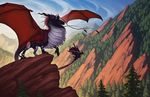  2013 amazing_background black_scales blue_eyes blue_sky claws cloud day detailed_background digital_media_(artwork) dragon feral forest fur hi_res horn landscape long_tail male membranous_wings mountain multicolored_scales outside quadruped red_scales rock scales sky solo tree watermark whiskers white_fur white_scales wings wolf-nymph 