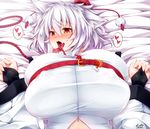  animal_ears belt blush breasts collar covered_nipples fang gigantic_breasts ginzake_(mizuumi) hat heart heart-shaped_pupils huge_breasts inubashiri_momiji kourindou_tengu_costume lying on_back on_bed open_mouth pom_pom_(clothes) shirt short_hair silver_hair solo spoken_heart symbol-shaped_pupils tokin_hat tongue tongue_out torogao touhou white_shirt wolf_ears yellow_eyes 