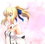  ahoge armpit_peek artoria_pendragon_(all) bare_shoulders blonde_hair breasts cleavage detached_collar detached_sleeves fate/stay_night fate/unlimited_codes fate_(series) green_eyes highres jkliew92 looking_at_viewer medium_breasts parted_lips petals pink_background ponytail saber saber_lily sideboob solo 