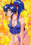  blue_hair blush breasts cleavage green_eyes hands_on_thighs high_ponytail highleg highleg_panties large_breasts long_hair lowres mahjong_sports_line navel no_pants official_art panties solo tank_top underwear 
