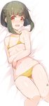  ass_visible_through_thighs bangs bare_shoulders bikini blunt_bangs blush bow breasts collarbone covered_nipples cowboy_shot eyebrows eyebrows_visible_through_hair green_hair hands_on_own_stomach highres kantai_collection looking_at_viewer lying meth_(emethmeth) multicolored multicolored_eyes navel nose_blush on_back open_mouth short_hair small_breasts solo stomach swimsuit takanami_(kantai_collection) thighs yellow_bikini yellow_bow 