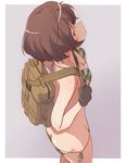  akiyama_yukari backpack bag bikini breasts brown_eyes brown_gloves brown_hair butt_crack camouflage camouflage_bikini cbgb from_side girls_und_panzer gloves highres medium_breasts short_hair side-tie_bikini simple_background soldier solo swimsuit 