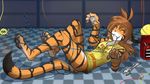  anthro bluethunderfox_(artist) bottomless breasts brown_hair claws clothed clothing cub cute detailed_background digital_drawing_(artwork) digital_media_(artwork) digitally_enhanced english_text eyes_closed feline female floor flora_(twokinds) fur hair holding_object keidran long_hair lying mammal multicolored_fur on_back open_mouth orange_fur partially_clothed pawpads small_breasts smile solo striped_fur stripes text tiger tom_fischbach twokinds young 