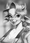 2016 alanscampos anthro bovine breasts bust_portrait cattle cleavage clothed clothing english_text female grey_background hair hi_res horn long_hair looking_at_viewer mammal melisa monochrome open_mouth overalls portrait signature simple_background smile solo teeth text tongue 