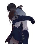  1girl alternate_costume bad_id bad_pixiv_id bangs bite_mark blue_eyes blue_pants blush borrowed_garments brown_hair bruise closed_eyes clothes_removed collared_shirt couple cowboy_shot dress_shirt eyelashes from_side gintama hand_on_another's_shoulder height_difference hetero holding_clothes hug injury jacket kagura_(gintama) loli_bushi long_sleeves naked_coat okita_sougo orange_hair outstretched_arm pants shirt simple_background sleeves_past_wrists white_background white_shirt 