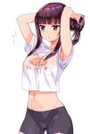  adjusting_hair armpit_peek armpits arms_up bangs bike_shorts blunt_bangs bra cowboy_shot crop_top groin hairband highres konbu_wakame long_hair midriff navel original parted_lips pink_bra purple_eyes purple_hair see-through shirt sidelocks simple_background solo sweat t-shirt tying_hair underwear white_background 