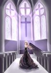  5plus altar black_wings blonde_hair church cross dress elbow_gloves gloves highres indoors light_rays long_hair low-cut original pew single_wing solo stained_glass wings 