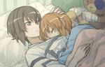  bandages boko_(girls_und_panzer) brown_eyes brown_hair cosmic_(crownclowncosmic) girls_und_panzer hand_on_another's_head highres multiple_girls nishizumi_maho nishizumi_miho pillow siblings sisters sketch sleeping smile stuffed_animal stuffed_toy teddy_bear 