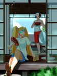  barefoot black_hair blonde_hair blue_eyes bob_cut bokkusu casual commentary_request electric_fan fan fanning_self food fruit hairband hot lemonade long_hair mask multiple_girls rainbow_mika sandals shirt short_hair shorts street_fighter street_fighter_v summer sweat t-shirt tank_top twintails watermelon yamato_nadeshiko_(street_fighter) 