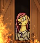  2016 axe badday28 clothed clothing coat crossover equine eyewear female fire fluttershy_(mlp) friendship_is_magic glasses mammal medic_(team_fortress_2) melee_weapon my_little_pony necktie open_mouth pegasus solo team_fortress_2 tongue valve video_games weapon wings 