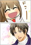  1girl brown_hair cherry_blossoms close-up comic heshikiri_hasebe honchu japanese_clothes little_girl_saniwa_(touken_ranbu) petals purple_eyes saniko_(honchu) saniwa_(touken_ranbu) smile touken_ranbu translated 