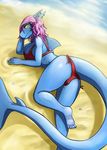  anthro beach big_breasts bikini breasts butt camel_toe clothing ear_piercing female fish hi_res looking_at_viewer looking_back lying marine neltharion290 nipple_bulge on_side outside piercing seaside shark slit_pupils solo swimsuit 