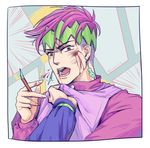  blood blood_from_mouth border bruise dated earrings green_eyes headband higashikata_jousuke injury jewelry jojo_no_kimyou_na_bouken kishibe_rohan male_focus multicolored multicolored_eyes open_mouth pen pink_eyes pink_hair shirt_grab signature solo_focus upper_body white_border wuziky00 