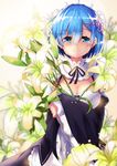  absurdres apron blue_eyes blue_hair blurry bow breasts cleavage crying crying_with_eyes_open depth_of_field detached_collar detached_sleeves dress eyes_visible_through_hair floral_background flower frilled_sleeves frills hair_ornament hair_over_one_eye highres holding holding_flower huoyi_(zzh100200) lily_(flower) looking_at_viewer maid maid_headdress medium_breasts re:zero_kara_hajimeru_isekai_seikatsu rem_(re:zero) short_hair smile solo tears upper_body wide_sleeves x_hair_ornament 