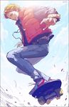  1boy artist_name back_to_the_future blonde_hair cloud denim highres jacket jeans looking_at_viewer male_focus marty_mcfly open_clothes open_jacket outstretched_arms pants parted_lips shoes skateboard skateboarding sky smile sneakers 
