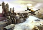  aa_gun aircraft airplane bad_id bad_pixiv_id cannon cloud commentary dock factory flying fortress harbor highres kantai_collection kobaman_annwn no_humans ocean scenery seaplane ship signature sky sunrise torii turret wall water watercraft 