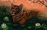  amber_eyes ambiguous_gender arthropod day feline flashw flower fur insect mammal orange_fur outside partially_submerged plant solo stripes tagme tiger water white_fur 