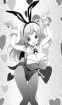  1girl animal_ears bare_shoulders breasts bunny_ears bunnysuit bursting_breasts cleavage dead_or_alive dead_or_alive_5 female gloves honoka_(doa) kangakuraku12 large_breasts leaning_forward long_hair monochrome open_mouth pantyhose smile solo standing 